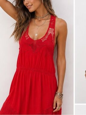 Y2K Butterfly Embroidery Lace Boho Crochet Lace Red Slip Dress Festival Coverup
